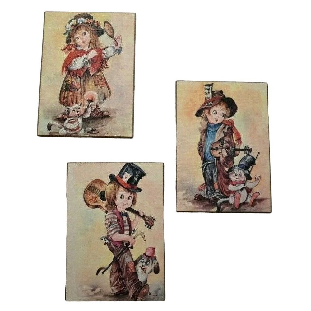 Set 3 Vintage‎ Massimo Big Eye Kids Hobo Litho Wall Hangings Retro Decor Kitsch
